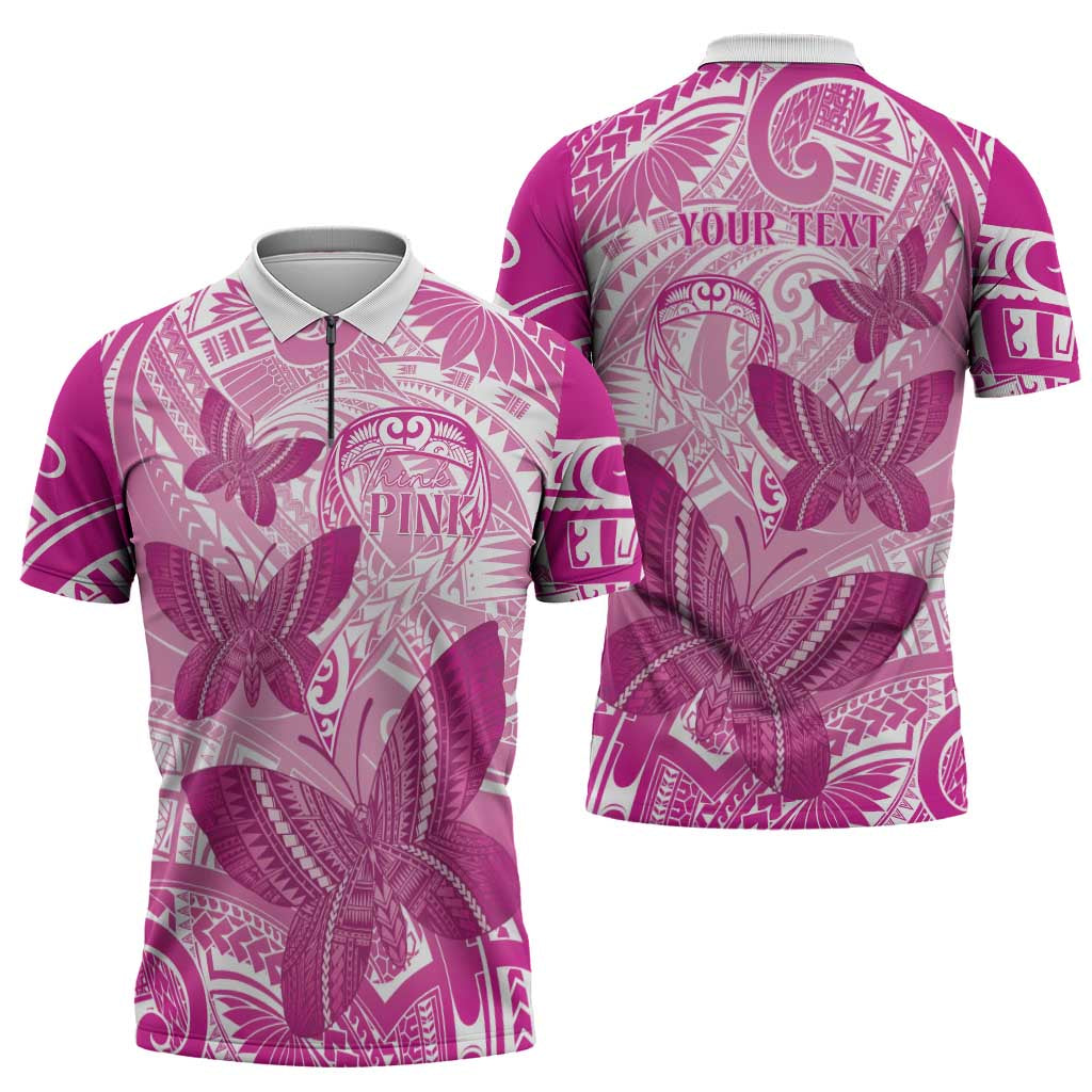 Personalised Polynesia Breast Cancer Awareness Zipper Polo Shirt Think Pink Ribbon Polynesian Butterflies