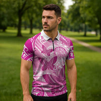 Personalised Polynesia Breast Cancer Awareness Zipper Polo Shirt Think Pink Ribbon Polynesian Butterflies