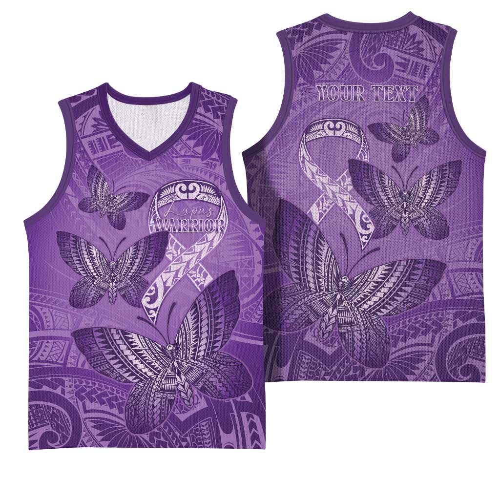 Personalised Polynesia Lupus Awareness Month Basketball Jersey Warrior Purple Ribbon Polynesian Butterflies