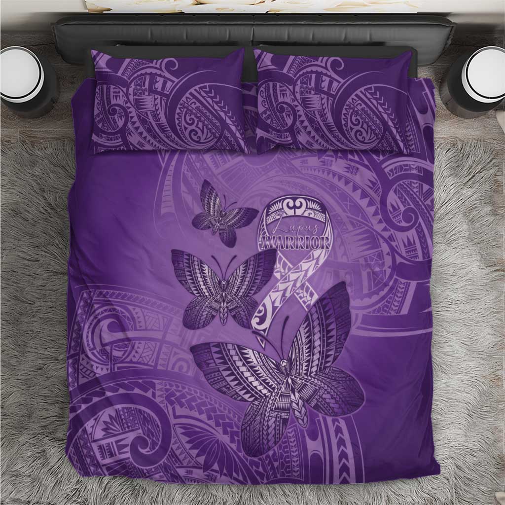 Polynesia Lupus Awareness Month Bedding Set Warrior Purple Ribbon Polynesian Butterflies
