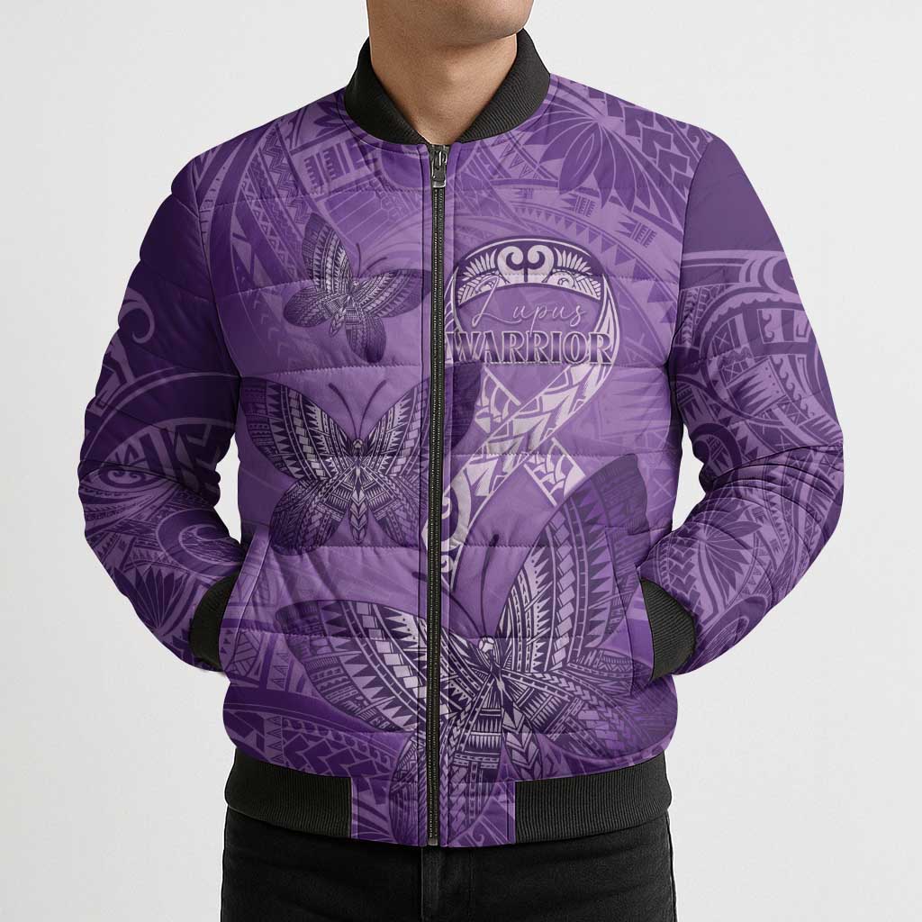 Personalised Polynesia Lupus Awareness Month Bomber Puffer Jacket Warrior Purple Ribbon Polynesian Butterflies