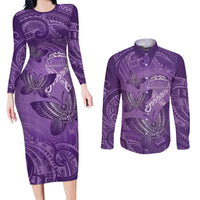 Personalised Polynesia Lupus Awareness Month Couples Matching Long Sleeve Bodycon Dress and Long Sleeve Button Shirt Warrior Purple Ribbon Polynesian Butterflies LT14 Purple - Polynesian Pride