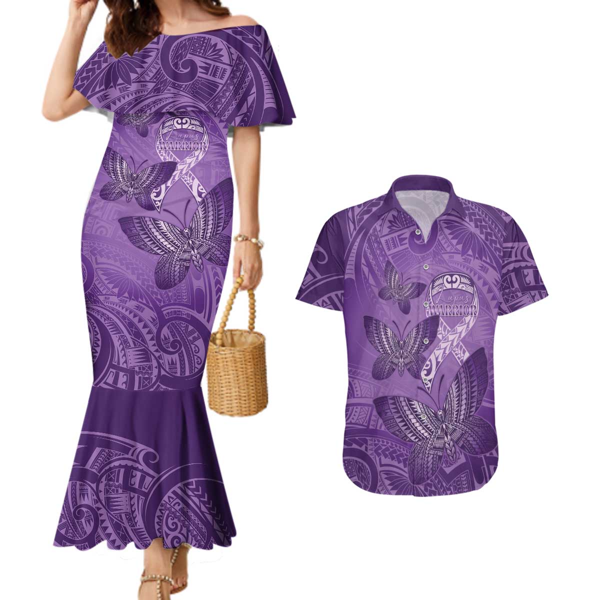 Personalised Polynesia Lupus Awareness Month Couples Matching Mermaid Dress and Hawaiian Shirt Warrior Purple Ribbon Polynesian Butterflies LT14 Purple - Polynesian Pride