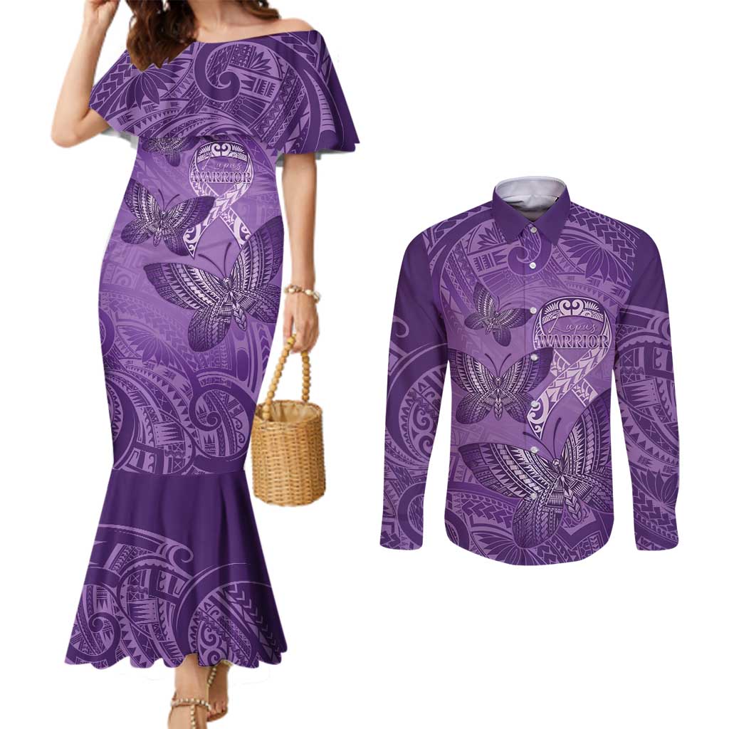 Personalised Polynesia Lupus Awareness Month Couples Matching Mermaid Dress and Long Sleeve Button Shirt Warrior Purple Ribbon Polynesian Butterflies LT14 Purple - Polynesian Pride