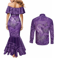 Personalised Polynesia Lupus Awareness Month Couples Matching Mermaid Dress and Long Sleeve Button Shirt Warrior Purple Ribbon Polynesian Butterflies LT14 - Polynesian Pride