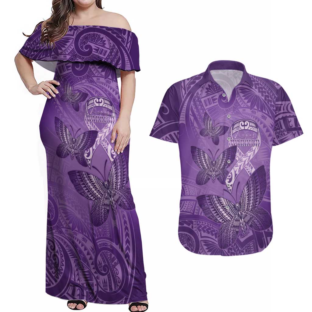 Personalised Polynesia Lupus Awareness Month Couples Matching Off Shoulder Maxi Dress and Hawaiian Shirt Warrior Purple Ribbon Polynesian Butterflies LT14 Purple - Polynesian Pride