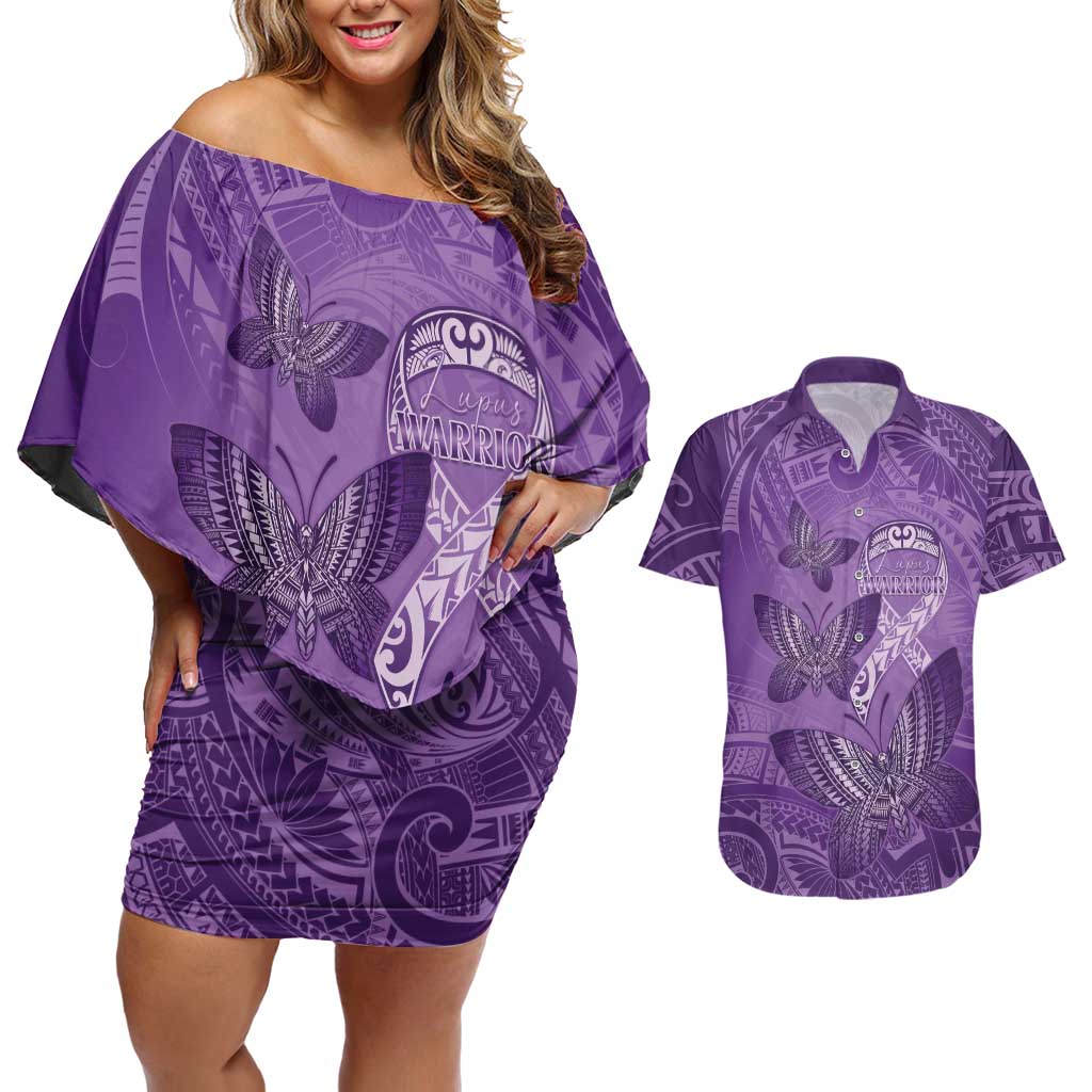 Personalised Polynesia Lupus Awareness Month Couples Matching Off Shoulder Short Dress and Hawaiian Shirt Warrior Purple Ribbon Polynesian Butterflies LT14 Purple - Polynesian Pride