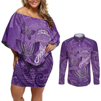 Personalised Polynesia Lupus Awareness Month Couples Matching Off Shoulder Short Dress and Long Sleeve Button Shirt Warrior Purple Ribbon Polynesian Butterflies LT14 Purple - Polynesian Pride