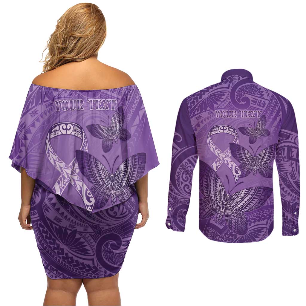 Personalised Polynesia Lupus Awareness Month Couples Matching Off Shoulder Short Dress and Long Sleeve Button Shirt Warrior Purple Ribbon Polynesian Butterflies LT14 - Polynesian Pride
