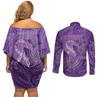 Personalised Polynesia Lupus Awareness Month Couples Matching Off Shoulder Short Dress and Long Sleeve Button Shirt Warrior Purple Ribbon Polynesian Butterflies LT14 - Polynesian Pride