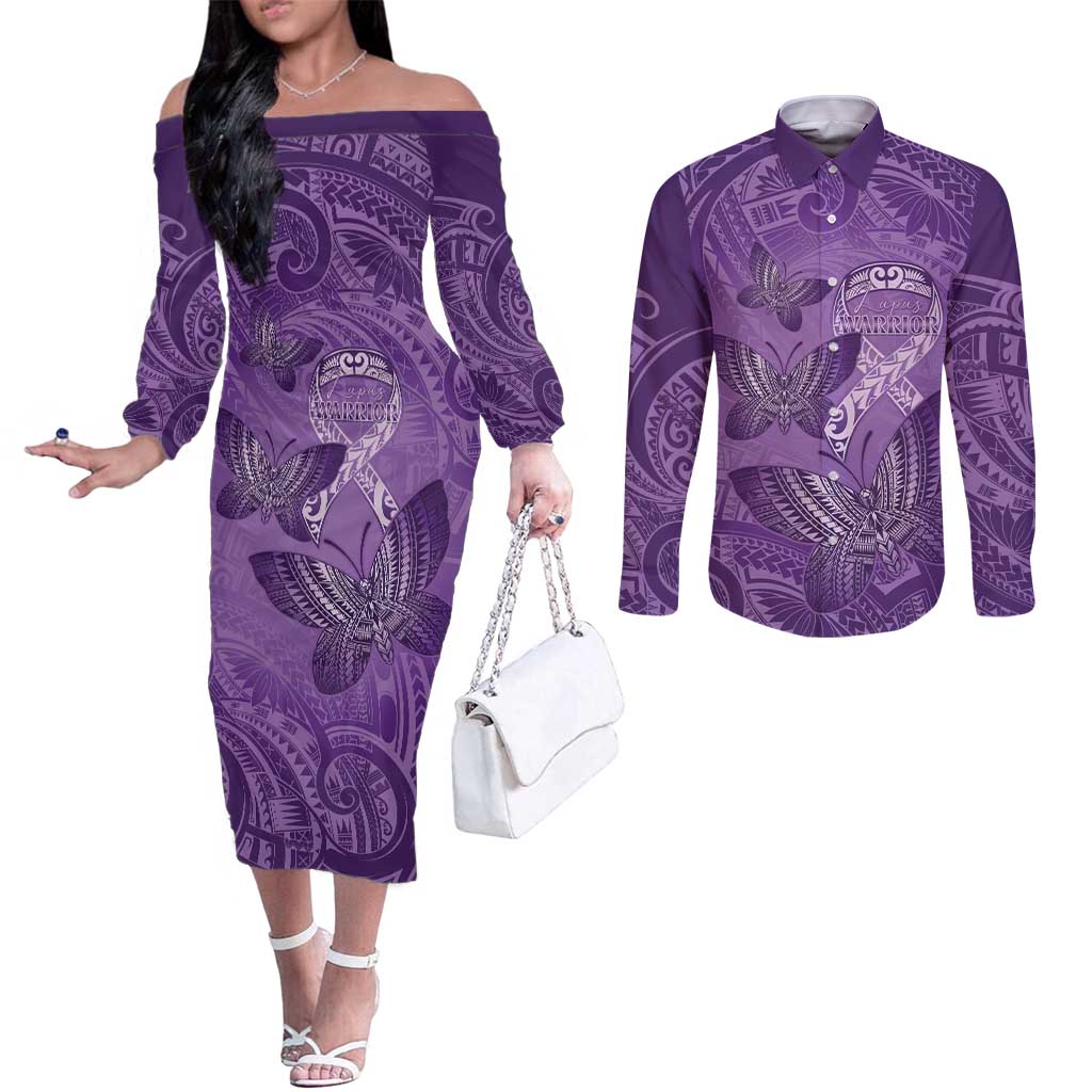 Personalised Polynesia Lupus Awareness Month Couples Matching Off The Shoulder Long Sleeve Dress and Long Sleeve Button Shirt Warrior Purple Ribbon Polynesian Butterflies LT14 Purple - Polynesian Pride