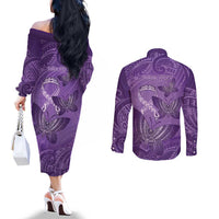 Personalised Polynesia Lupus Awareness Month Couples Matching Off The Shoulder Long Sleeve Dress and Long Sleeve Button Shirt Warrior Purple Ribbon Polynesian Butterflies LT14 - Polynesian Pride