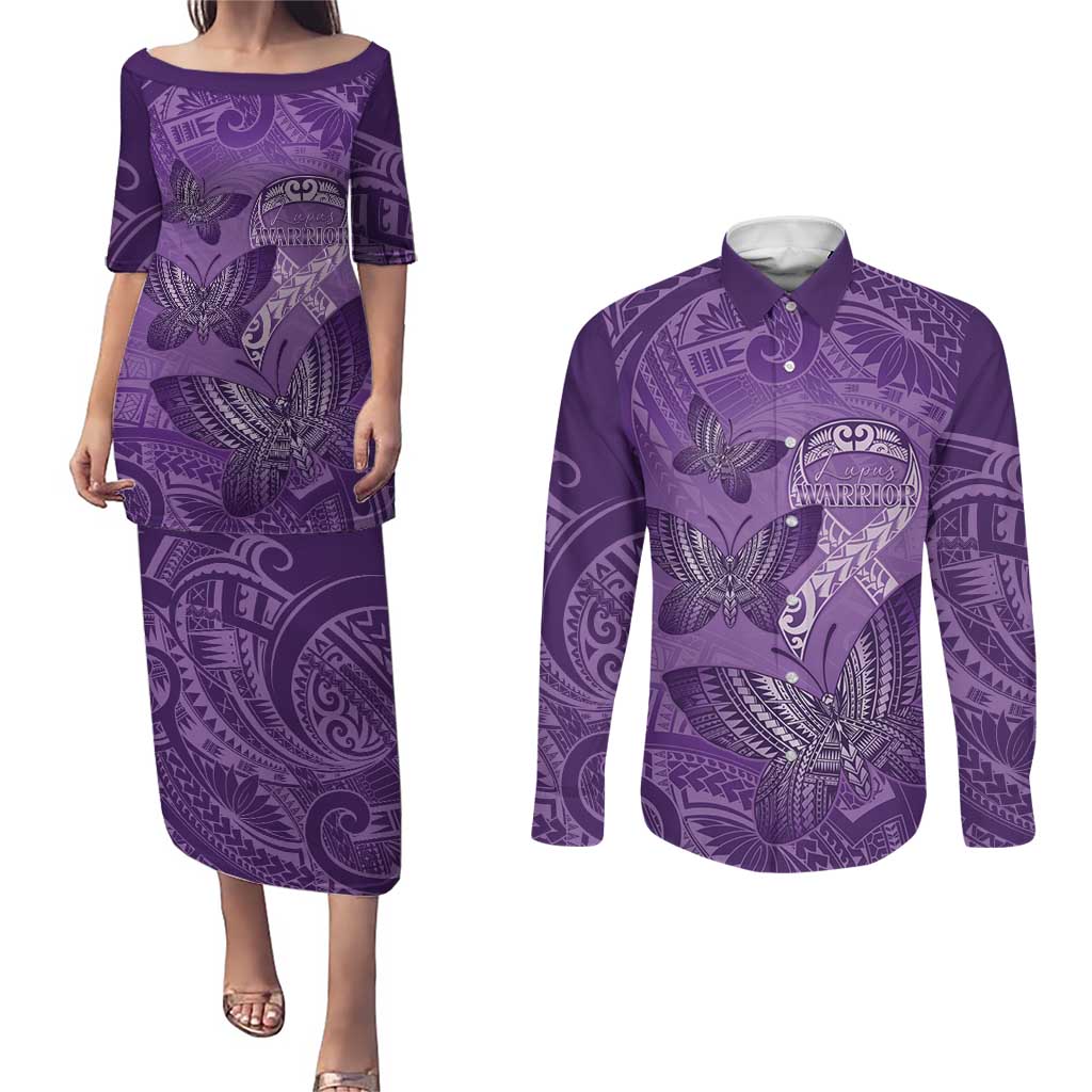 Personalised Polynesia Lupus Awareness Month Couples Matching Puletasi and Long Sleeve Button Shirt Warrior Purple Ribbon Polynesian Butterflies LT14 Purple - Polynesian Pride