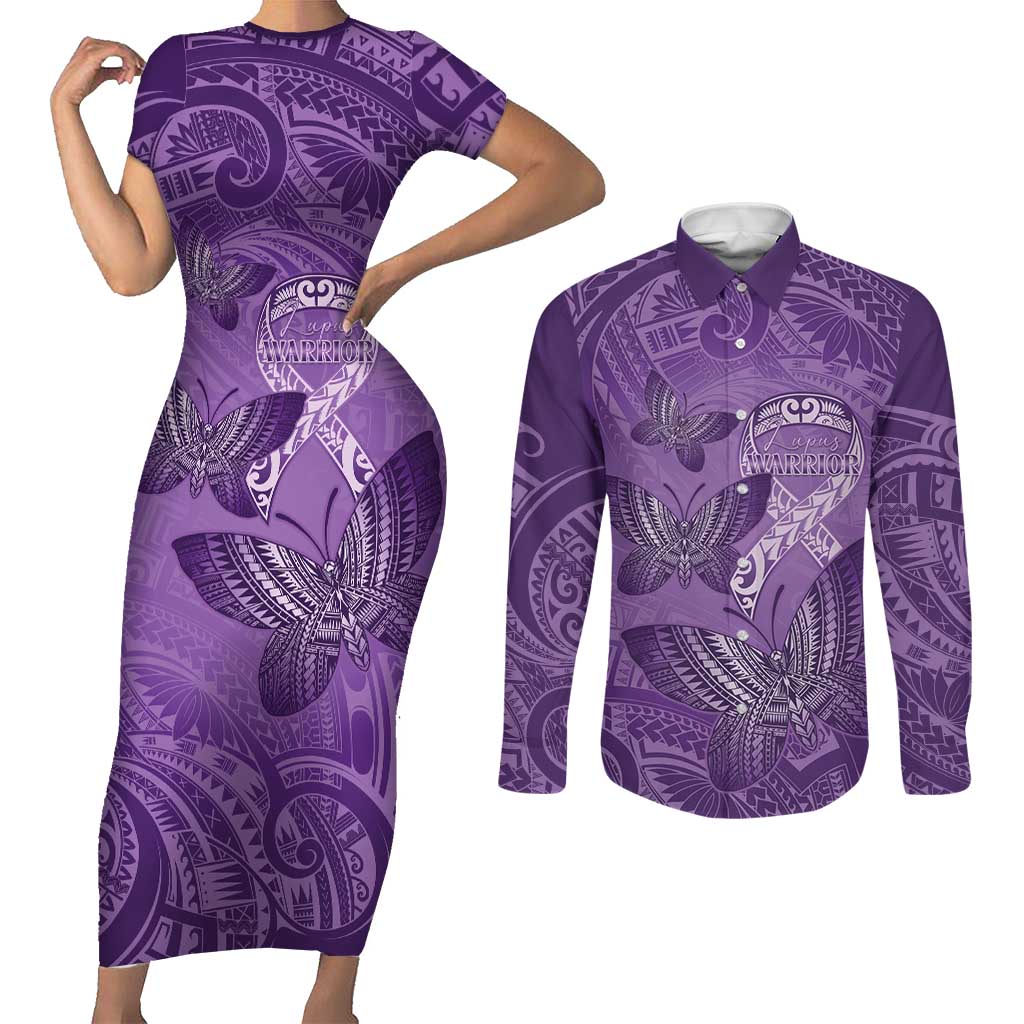 Personalised Polynesia Lupus Awareness Month Couples Matching Short Sleeve Bodycon Dress and Long Sleeve Button Shirt Warrior Purple Ribbon Polynesian Butterflies LT14 Purple - Polynesian Pride
