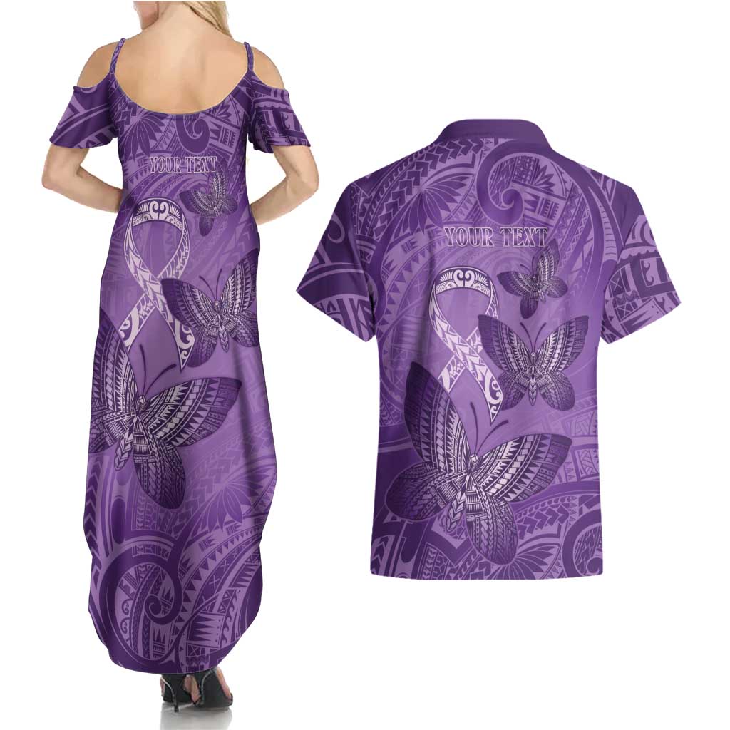 Personalised Polynesia Lupus Awareness Month Couples Matching Summer Maxi Dress and Hawaiian Shirt Warrior Purple Ribbon Polynesian Butterflies LT14 - Polynesian Pride