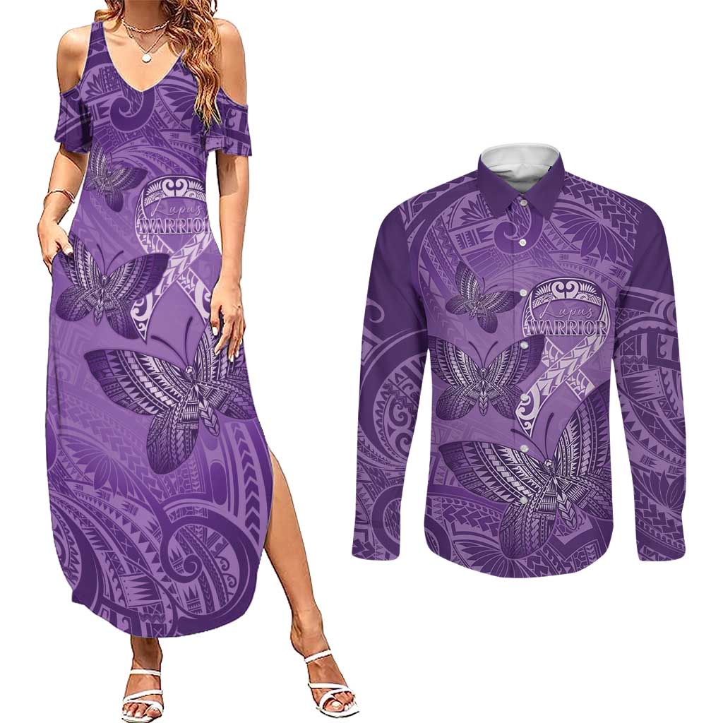 Personalised Polynesia Lupus Awareness Month Couples Matching Summer Maxi Dress and Long Sleeve Button Shirt Warrior Purple Ribbon Polynesian Butterflies LT14 Purple - Polynesian Pride