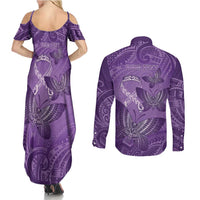 Personalised Polynesia Lupus Awareness Month Couples Matching Summer Maxi Dress and Long Sleeve Button Shirt Warrior Purple Ribbon Polynesian Butterflies LT14 - Polynesian Pride
