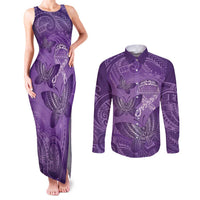 Personalised Polynesia Lupus Awareness Month Couples Matching Tank Maxi Dress and Long Sleeve Button Shirt Warrior Purple Ribbon Polynesian Butterflies LT14 Purple - Polynesian Pride