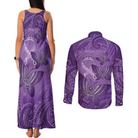 Personalised Polynesia Lupus Awareness Month Couples Matching Tank Maxi Dress and Long Sleeve Button Shirt Warrior Purple Ribbon Polynesian Butterflies LT14 - Polynesian Pride