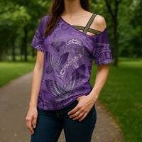Personalised Polynesia Lupus Awareness Month Cross Shoulder Shirt Warrior Purple Ribbon Polynesian Butterflies