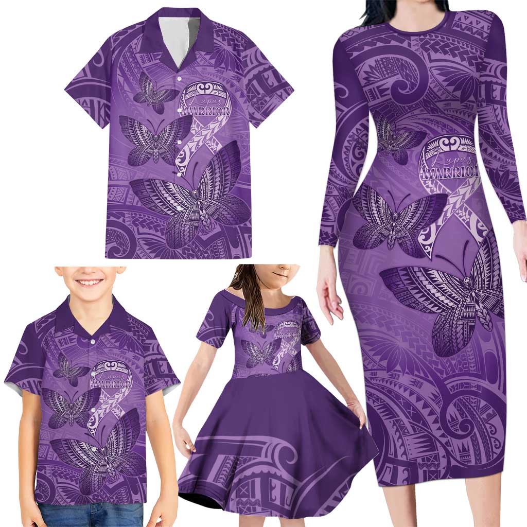 Personalised Polynesia Lupus Awareness Month Family Matching Long Sleeve Bodycon Dress and Hawaiian Shirt Warrior Purple Ribbon Polynesian Butterflies LT14 - Polynesian Pride