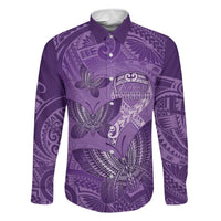 Personalised Polynesia Lupus Awareness Month Family Matching Mermaid Dress and Hawaiian Shirt Warrior Purple Ribbon Polynesian Butterflies LT14 Dad's Shirt - Long Sleeve Purple - Polynesian Pride