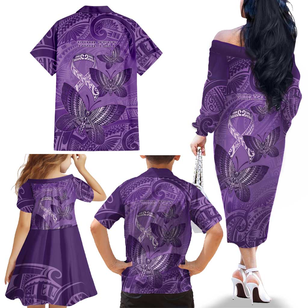 Personalised Polynesia Lupus Awareness Month Family Matching Off The Shoulder Long Sleeve Dress and Hawaiian Shirt Warrior Purple Ribbon Polynesian Butterflies LT14 - Polynesian Pride