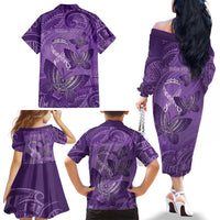 Personalised Polynesia Lupus Awareness Month Family Matching Off The Shoulder Long Sleeve Dress and Hawaiian Shirt Warrior Purple Ribbon Polynesian Butterflies LT14 - Polynesian Pride
