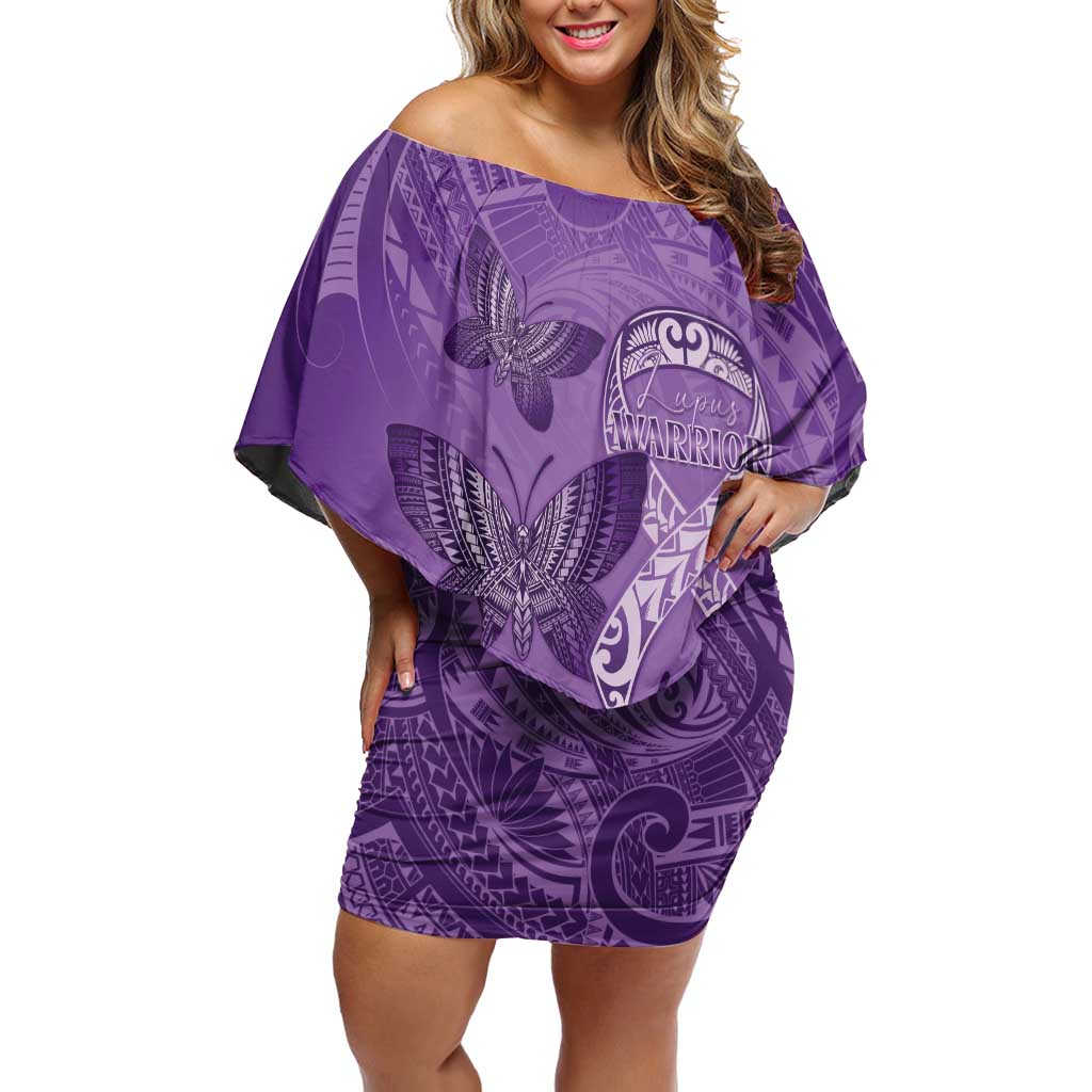 Personalised Polynesia Lupus Awareness Month Family Matching Off Shoulder Short Dress and Hawaiian Shirt Warrior Purple Ribbon Polynesian Butterflies LT14 Mom's Dress Purple - Polynesian Pride
