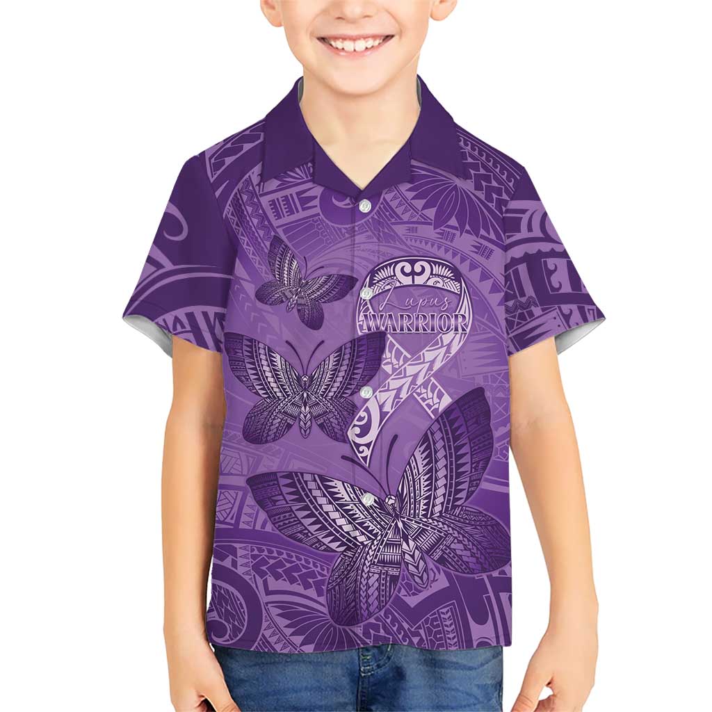 Personalised Polynesia Lupus Awareness Month Family Matching Off Shoulder Short Dress and Hawaiian Shirt Warrior Purple Ribbon Polynesian Butterflies LT14 Son's Shirt Purple - Polynesian Pride