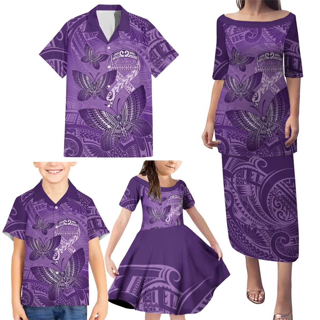 Personalised Polynesia Lupus Awareness Month Family Matching Puletasi and Hawaiian Shirt Warrior Purple Ribbon Polynesian Butterflies