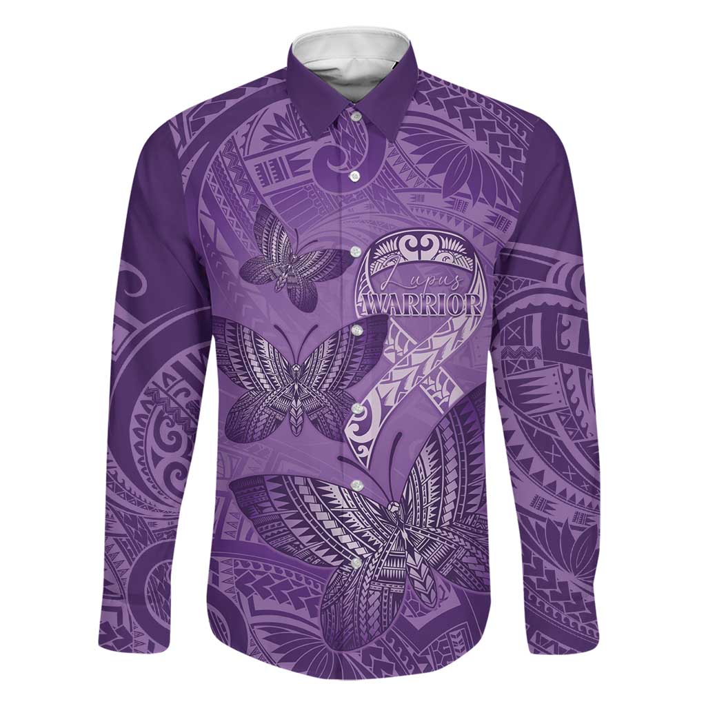 Personalised Polynesia Lupus Awareness Month Family Matching Puletasi and Hawaiian Shirt Warrior Purple Ribbon Polynesian Butterflies LT14 Dad's Shirt - Long Sleeve Purple - Polynesian Pride