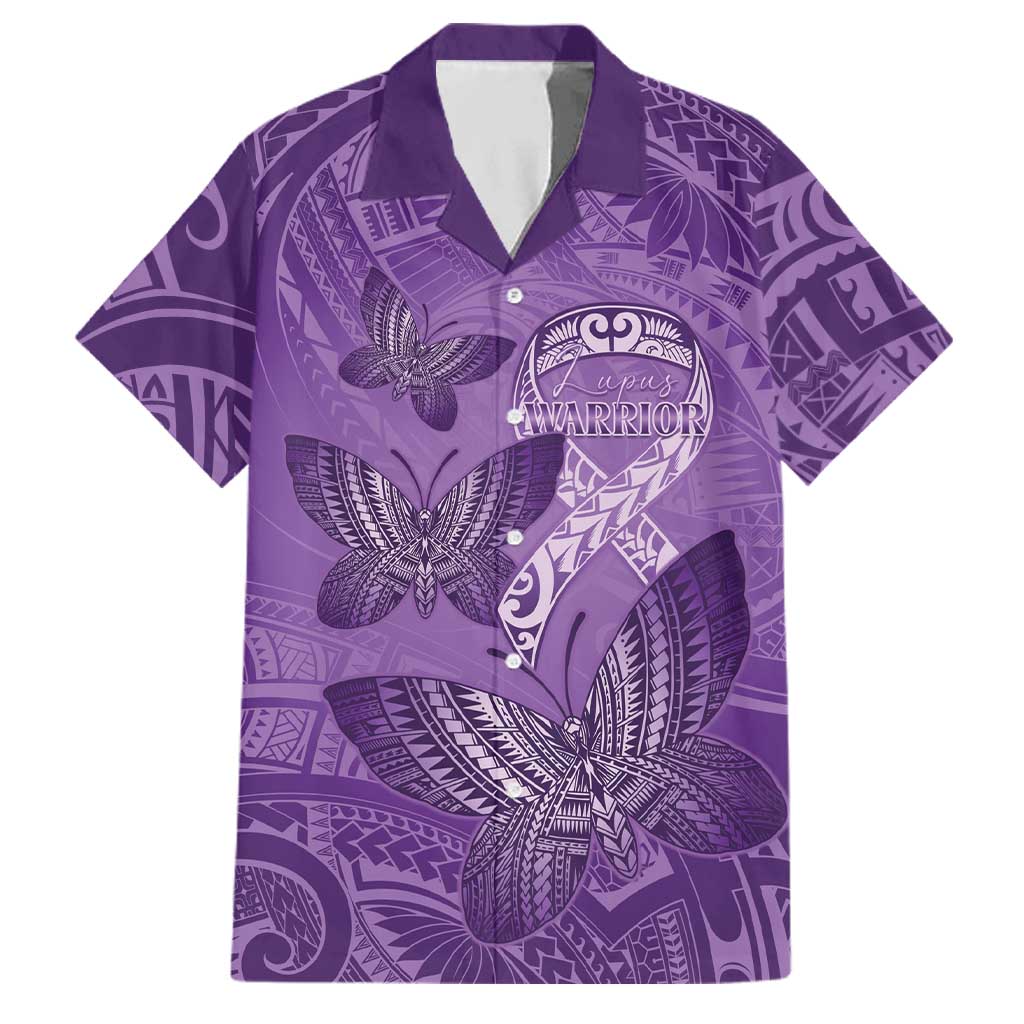 Personalised Polynesia Lupus Awareness Month Family Matching Summer Maxi Dress and Hawaiian Shirt Warrior Purple Ribbon Polynesian Butterflies LT14 Dad's Shirt - Short Sleeve Purple - Polynesian Pride