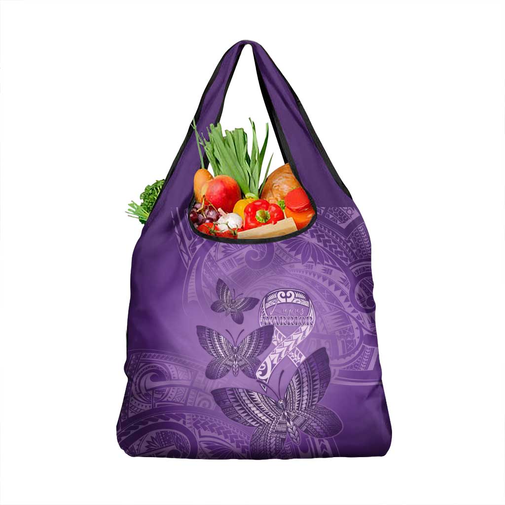 Polynesia Lupus Awareness Month Grocery Bag Warrior Purple Ribbon Polynesian Butterflies