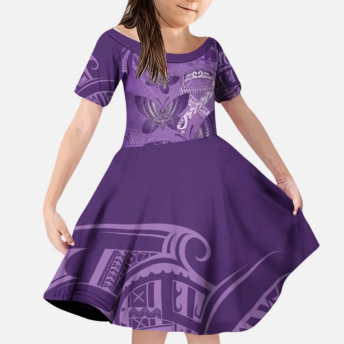 Personalised Polynesia Lupus Awareness Month Kid Short Sleeve Dress Warrior Purple Ribbon Polynesian Butterflies