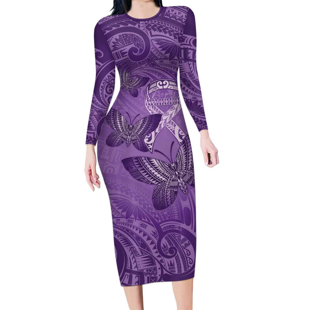 Personalised Polynesia Lupus Awareness Month Long Sleeve Bodycon Dress Warrior Purple Ribbon Polynesian Butterflies LT14 Long Dress Purple - Polynesian Pride
