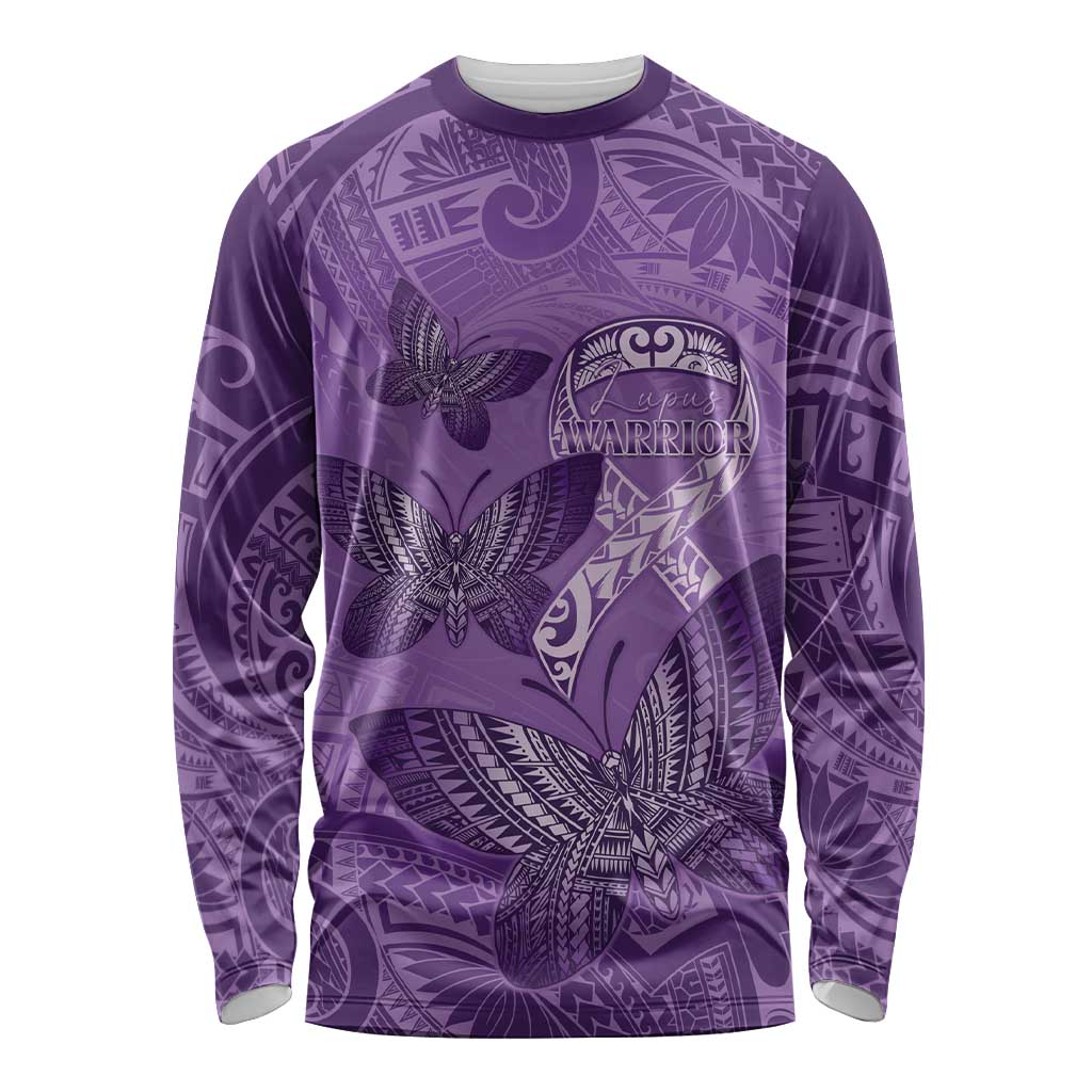 Personalised Polynesia Lupus Awareness Month Long Sleeve Shirt Warrior Purple Ribbon Polynesian Butterflies