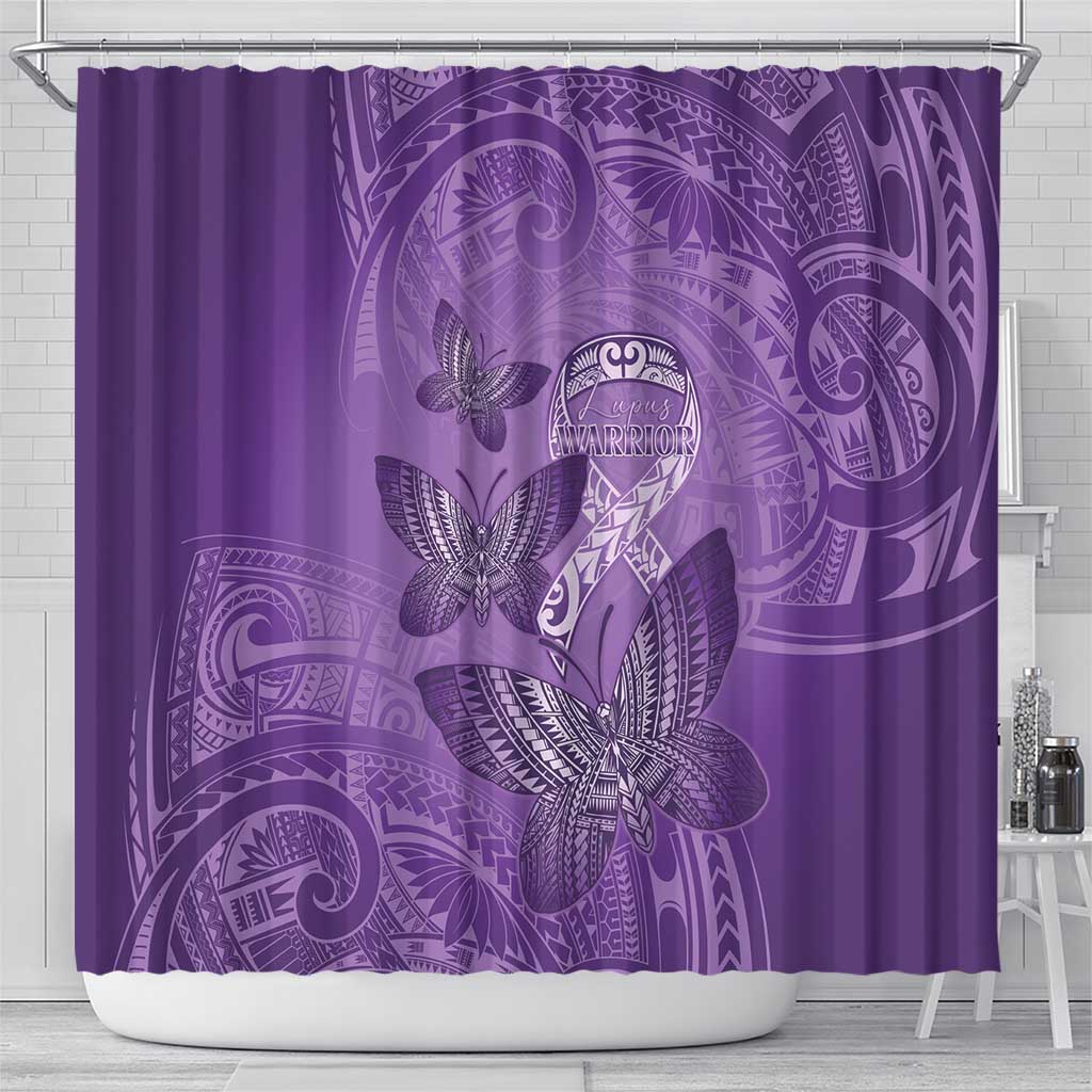 Polynesia Lupus Awareness Month Shower Curtain Warrior Purple Ribbon Polynesian Butterflies