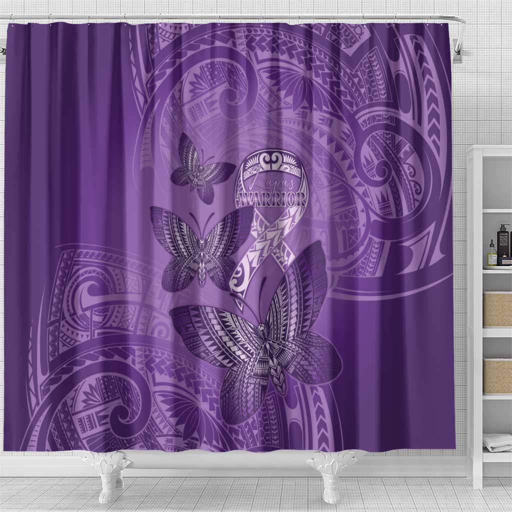 Polynesia Lupus Awareness Month Shower Curtain Warrior Purple Ribbon Polynesian Butterflies