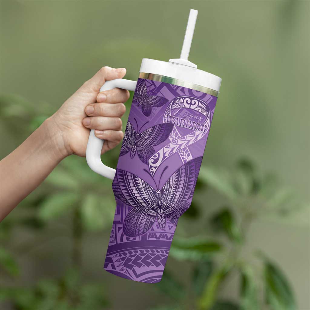 Personalised Polynesia Lupus Awareness Month Tumbler With Handle Warrior Purple Ribbon Polynesian Butterflies
