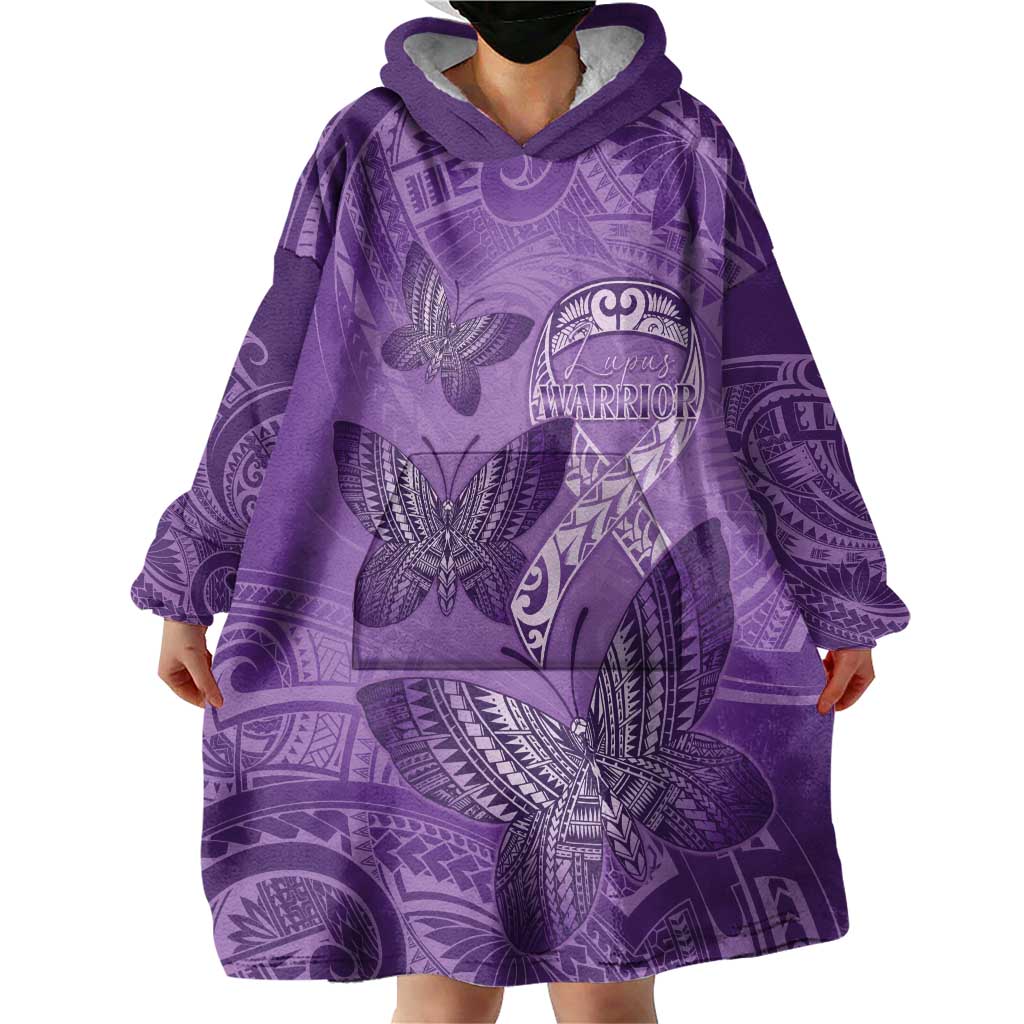 Personalised Polynesia Lupus Awareness Month Wearable Blanket Hoodie Warrior Purple Ribbon Polynesian Butterflies LT14 - Polynesian Pride