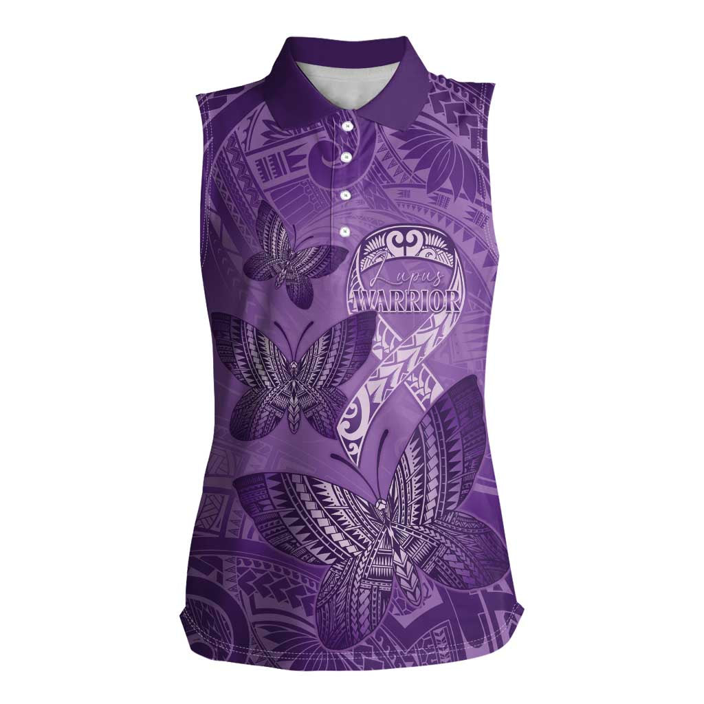 Personalised Polynesia Lupus Awareness Month Women Sleeveless Polo Shirt Warrior Purple Ribbon Polynesian Butterflies LT14 Female Purple - Polynesian Pride