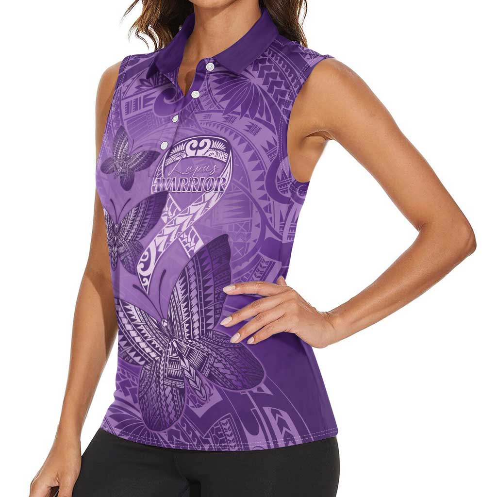 Personalised Polynesia Lupus Awareness Month Women Sleeveless Polo Shirt Warrior Purple Ribbon Polynesian Butterflies LT14 - Polynesian Pride
