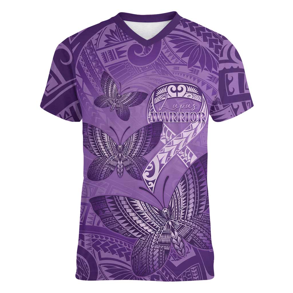 Personalised Polynesia Lupus Awareness Month Women V-Neck T-Shirt Warrior Purple Ribbon Polynesian Butterflies