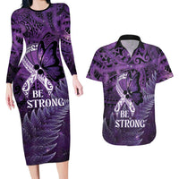 Lupus Awareness Month New Zealand Couples Matching Long Sleeve Bodycon Dress and Hawaiian Shirt Be Strong Warrior Maori Silver Fern LT14 Purple - Polynesian Pride