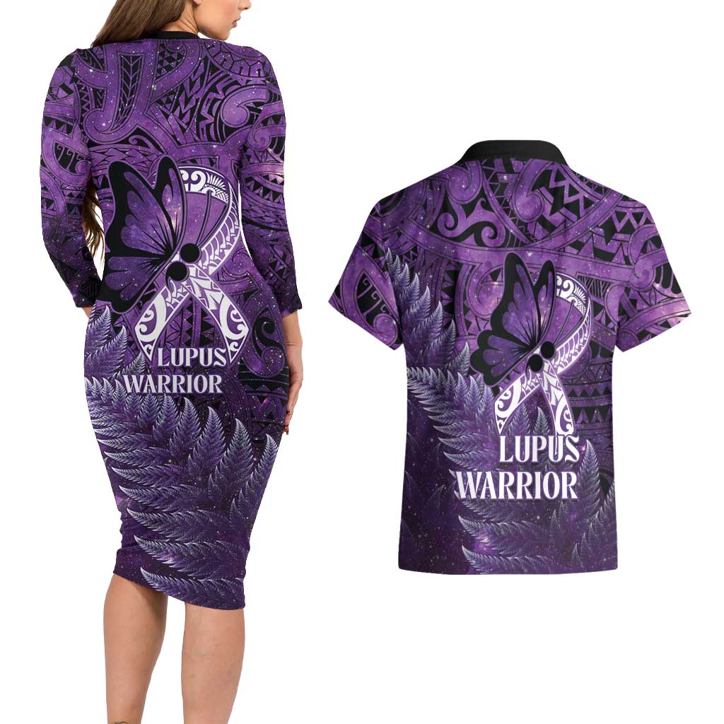 Lupus Awareness Month New Zealand Couples Matching Long Sleeve Bodycon Dress and Hawaiian Shirt Be Strong Warrior Maori Silver Fern LT14 - Polynesian Pride