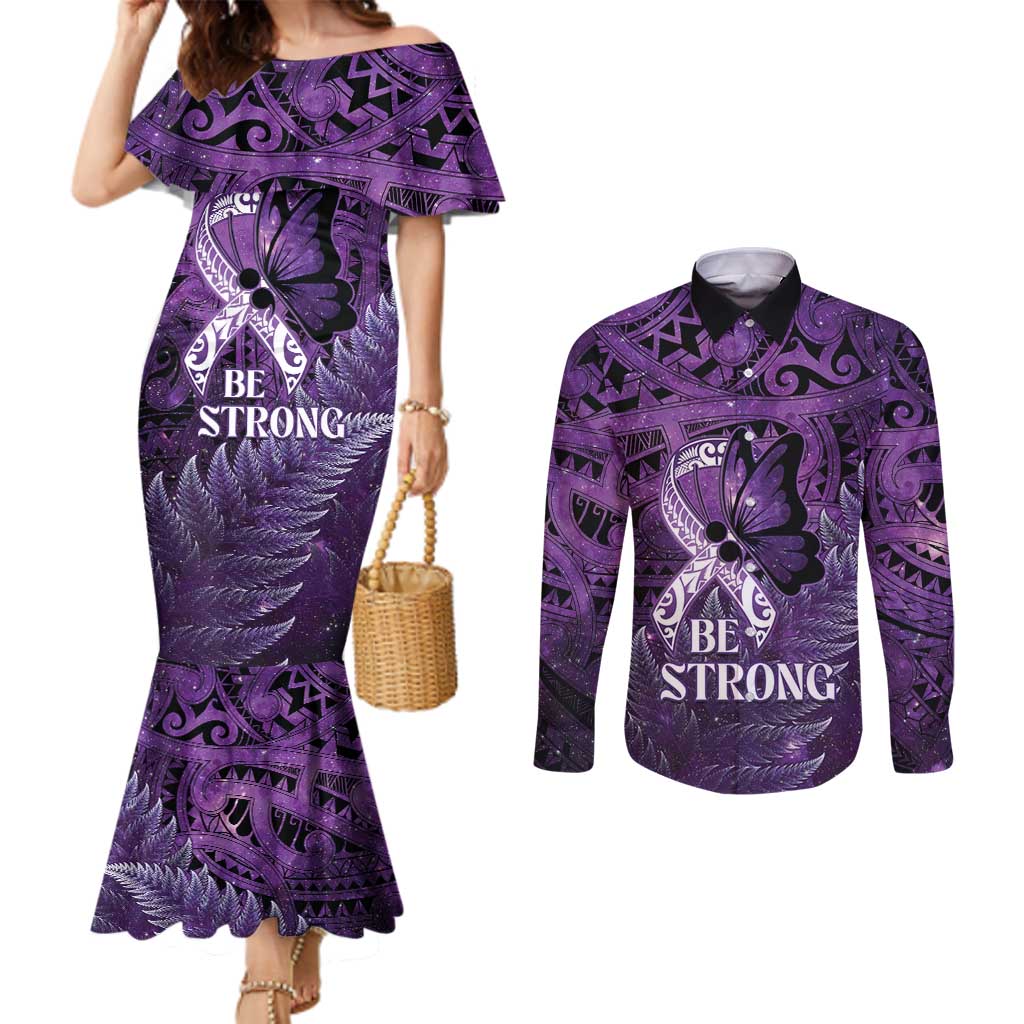 Lupus Awareness Month New Zealand Couples Matching Mermaid Dress and Long Sleeve Button Shirt Be Strong Warrior Maori Silver Fern LT14 Purple - Polynesian Pride