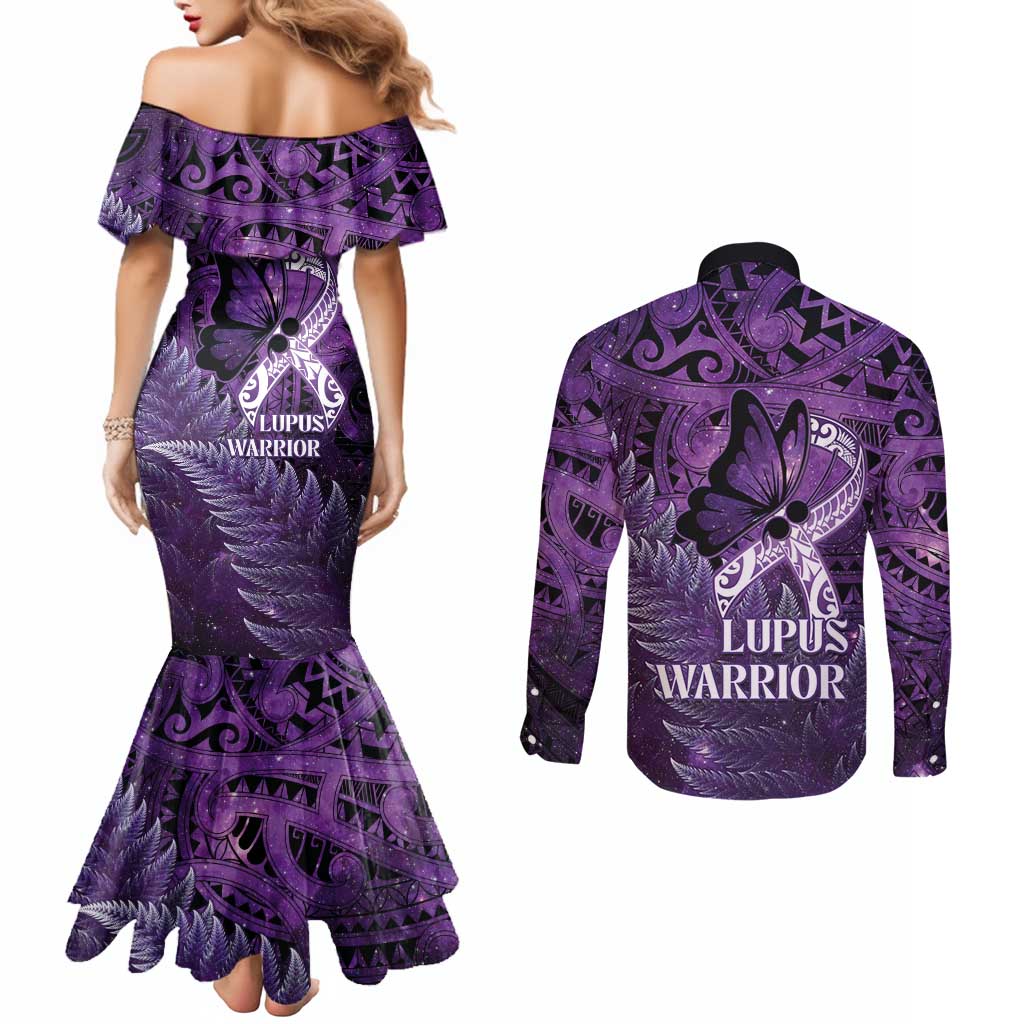 Lupus Awareness Month New Zealand Couples Matching Mermaid Dress and Long Sleeve Button Shirt Be Strong Warrior Maori Silver Fern LT14 - Polynesian Pride