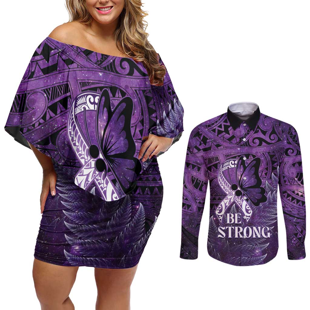 Lupus Awareness Month New Zealand Couples Matching Off Shoulder Short Dress and Long Sleeve Button Shirt Be Strong Warrior Maori Silver Fern LT14 Purple - Polynesian Pride