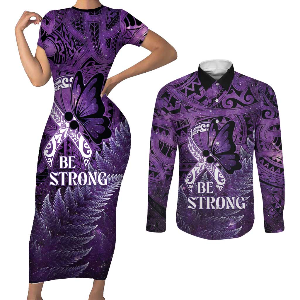 Lupus Awareness Month New Zealand Couples Matching Short Sleeve Bodycon Dress and Long Sleeve Button Shirt Be Strong Warrior Maori Silver Fern LT14 Purple - Polynesian Pride